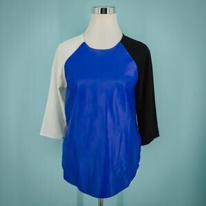 Line & Dot Size Small S Blue Lamb Leather Color Block Crew Neck Short Sleeve Top